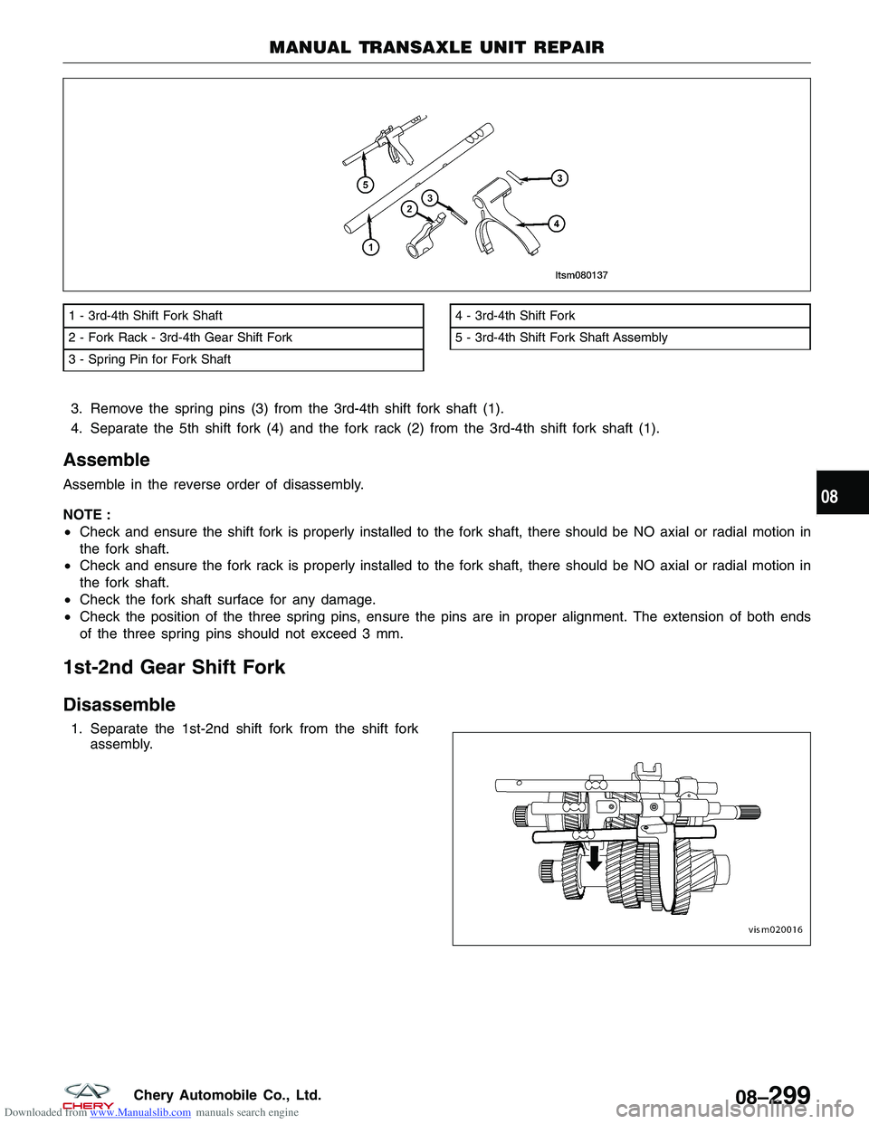 CHERY TIGGO 2009 Service Repair Manual Downloaded from www.Manualslib.com manuals search engine 3. Remove the spring pins (3) from the 3rd-4th shift fork shaft (1).
4. Separate the 5th shift fork (4) and the fork rack (2) from the 3rd-4th CHERY TIGGO 2009 Service Repair Manual Downloaded from www.Manualslib.com manuals search engine 3. Remove the spring pins (3) from the 3rd-4th shift fork shaft (1).
4. Separate the 5th shift fork (4) and the fork rack (2) from the 3rd-4th