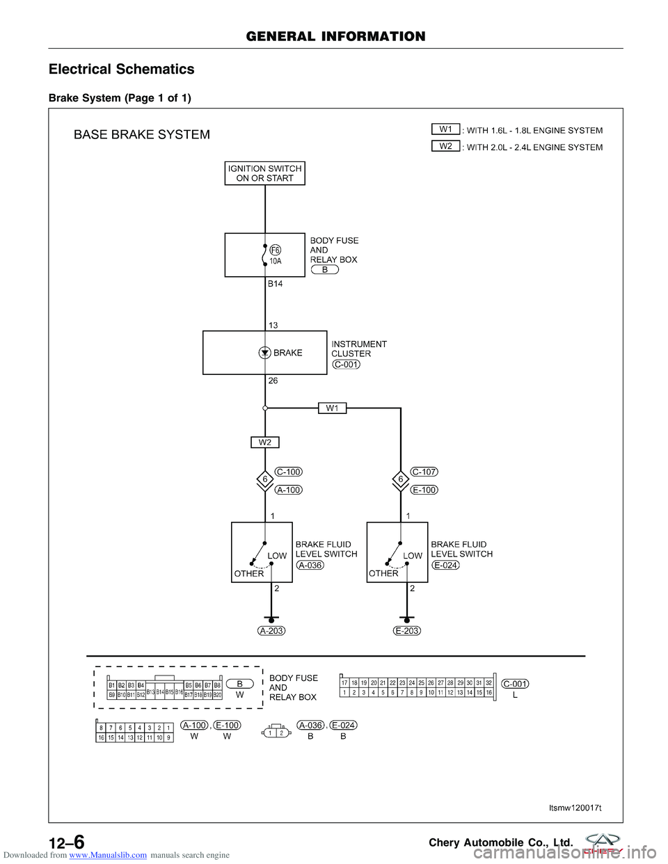 CHERY TIGGO 2009  Service Repair Manual Downloaded from www.Manualslib.com manuals search engine Electrical Schematics
Brake System (Page 1 of 1)
GENERAL INFORMATION
LTSMW120017T
12–6Chery Automobile Co., Ltd.  