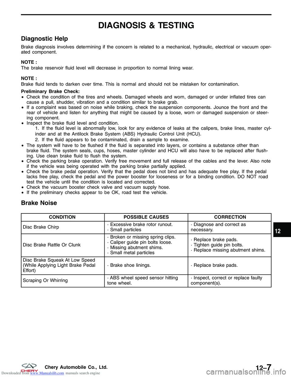 CHERY TIGGO 2009  Service Repair Manual Downloaded from www.Manualslib.com manuals search engine DIAGNOSIS & TESTING
Diagnostic Help
Brake diagnosis involves determining if the concern is related to a mechanical, hydraulic, electrical or va