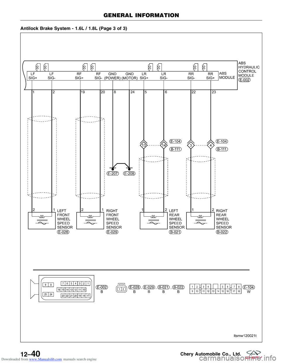 CHERY TIGGO 2009  Service Repair Manual Downloaded from www.Manualslib.com manuals search engine Antilock Brake System - 1.6L / 1.8L (Page 3 of 3)
GENERAL INFORMATION
LTSMW120021T
12–40Chery Automobile Co., Ltd.  