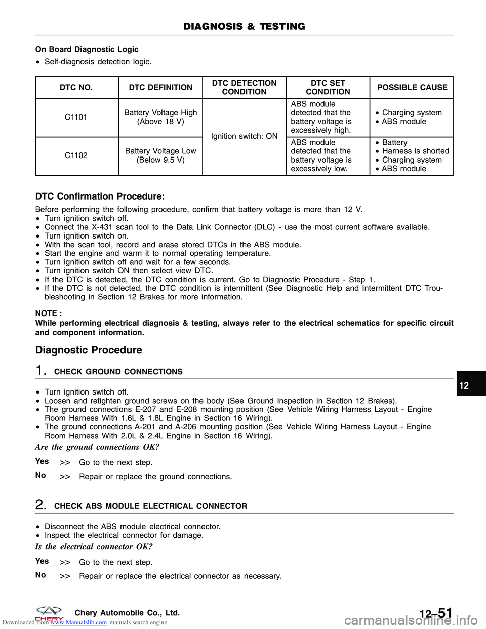 CHERY TIGGO 2009  Service Repair Manual Downloaded from www.Manualslib.com manuals search engine On Board Diagnostic Logic
•Self-diagnosis detection logic.
DTC NO. DTC DEFINITION DTC DETECTION
CONDITION DTC SET
CONDITION POSSIBLE CAUSE
C1