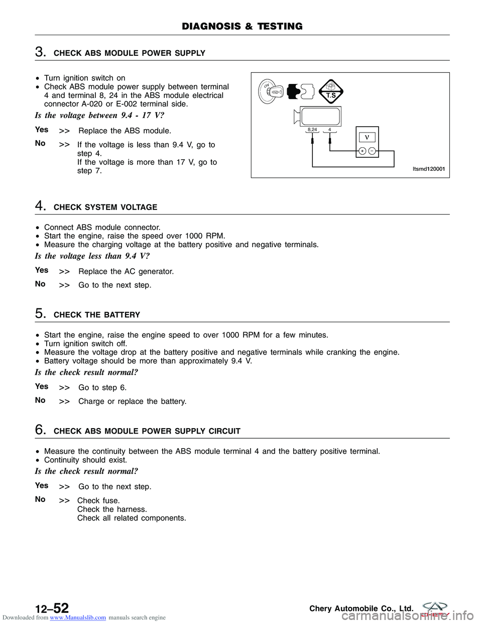 CHERY TIGGO 2009  Service Repair Manual Downloaded from www.Manualslib.com manuals search engine 3.CHECK ABS MODULE POWER SUPPLY
• Turn ignition switch on
• Check ABS module power supply between terminal
4 and terminal 8, 24 in the ABS 