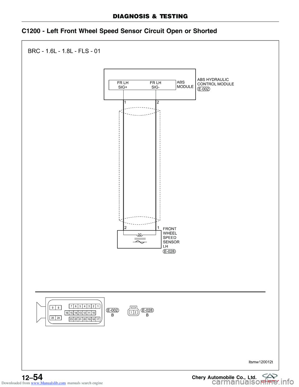CHERY TIGGO 2009  Service Repair Manual Downloaded from www.Manualslib.com manuals search engine C1200 - Left Front Wheel Speed Sensor Circuit Open or Shorted
DIAGNOSIS & TESTING
LTSMW120012T
12–54Chery Automobile Co., Ltd.  