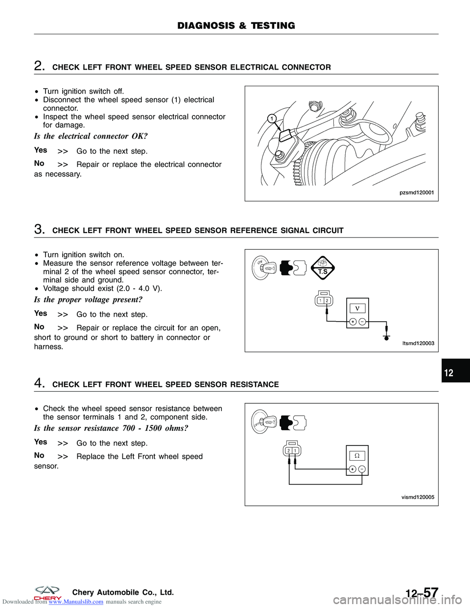 CHERY TIGGO 2009 Service Repair Manual Downloaded from www.Manualslib.com manuals search engine 2.CHECK LEFT FRONT WHEEL SPEED SENSOR ELECTRICAL CONNECTOR
• Turn ignition switch off.
• Disconnect the wheel speed sensor (1) electrical
c CHERY TIGGO 2009 Service Repair Manual Downloaded from www.Manualslib.com manuals search engine 2.CHECK LEFT FRONT WHEEL SPEED SENSOR ELECTRICAL CONNECTOR
• Turn ignition switch off.
• Disconnect the wheel speed sensor (1) electrical
c