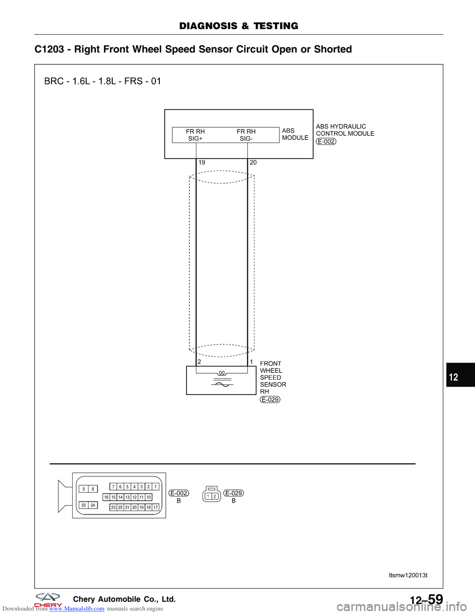 CHERY TIGGO 2009  Service Repair Manual Downloaded from www.Manualslib.com manuals search engine C1203 - Right Front Wheel Speed Sensor Circuit Open or Shorted
DIAGNOSIS & TESTING
LTSMW120013T
12
12–59Chery Automobile Co., Ltd.  