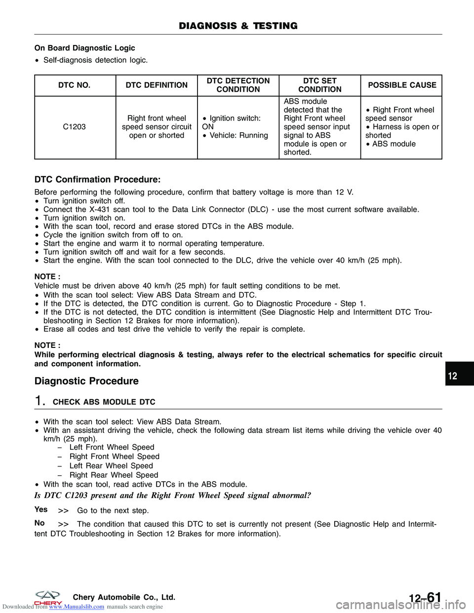 CHERY TIGGO 2009  Service Repair Manual Downloaded from www.Manualslib.com manuals search engine On Board Diagnostic Logic
•Self-diagnosis detection logic.
DTC NO. DTC DEFINITION DTC DETECTION
CONDITION DTC SET
CONDITION POSSIBLE CAUSE
C1