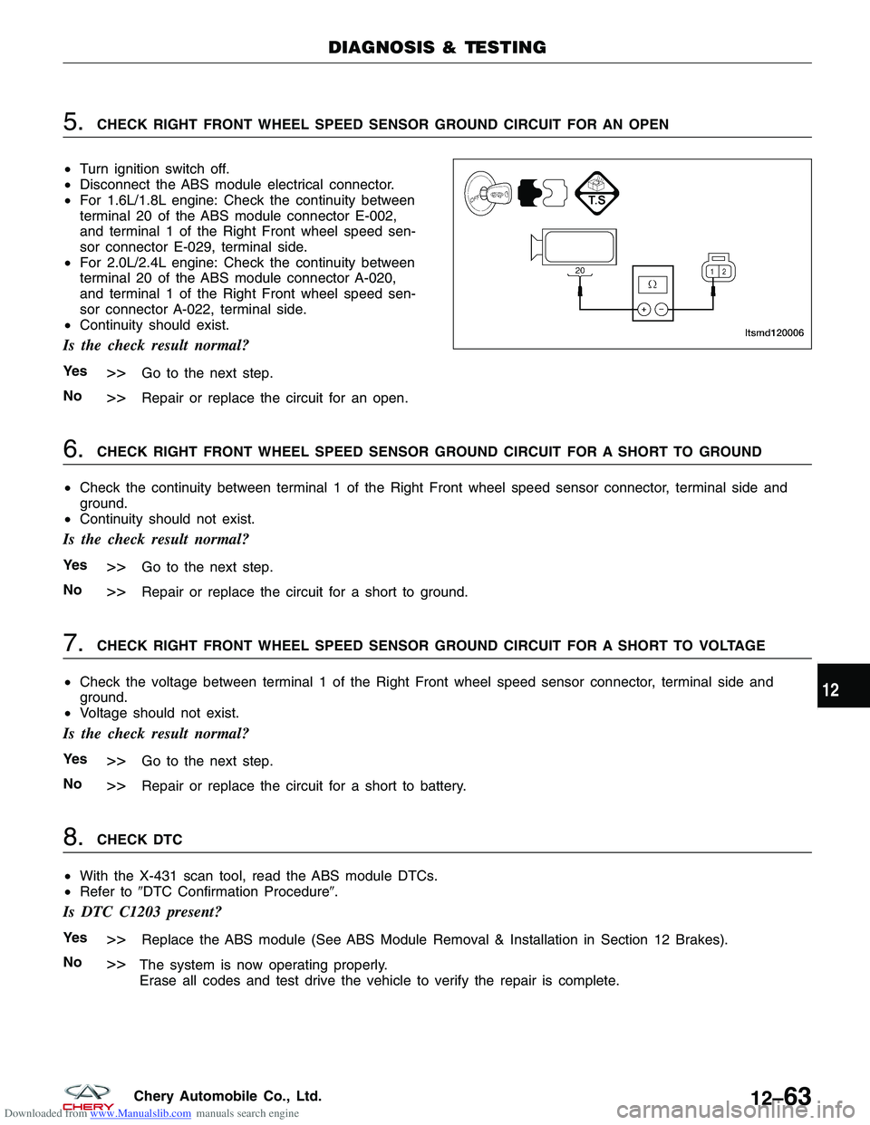 CHERY TIGGO 2009  Service Repair Manual Downloaded from www.Manualslib.com manuals search engine 5.CHECK RIGHT FRONT WHEEL SPEED SENSOR GROUND CIRCUIT FOR AN OPEN
• Turn ignition switch off.
• Disconnect the ABS module electrical connec