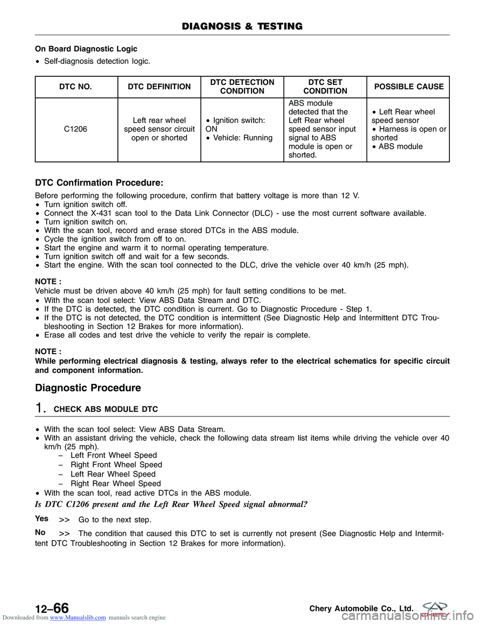 CHERY TIGGO 2009  Service Repair Manual Downloaded from www.Manualslib.com manuals search engine On Board Diagnostic Logic
•Self-diagnosis detection logic.
DTC NO. DTC DEFINITION DTC DETECTION
CONDITION DTC SET
CONDITION POSSIBLE CAUSE
C1