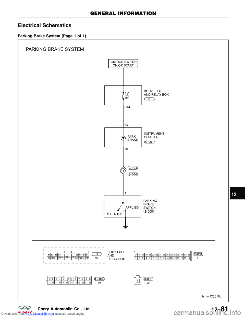 CHERY TIGGO 2009  Service Repair Manual Downloaded from www.Manualslib.com manuals search engine Electrical Schematics
Parking Brake System (Page 1 of 1)
GENERAL INFORMATION
LTSMW120018T
12
12–81Chery Automobile Co., Ltd.  