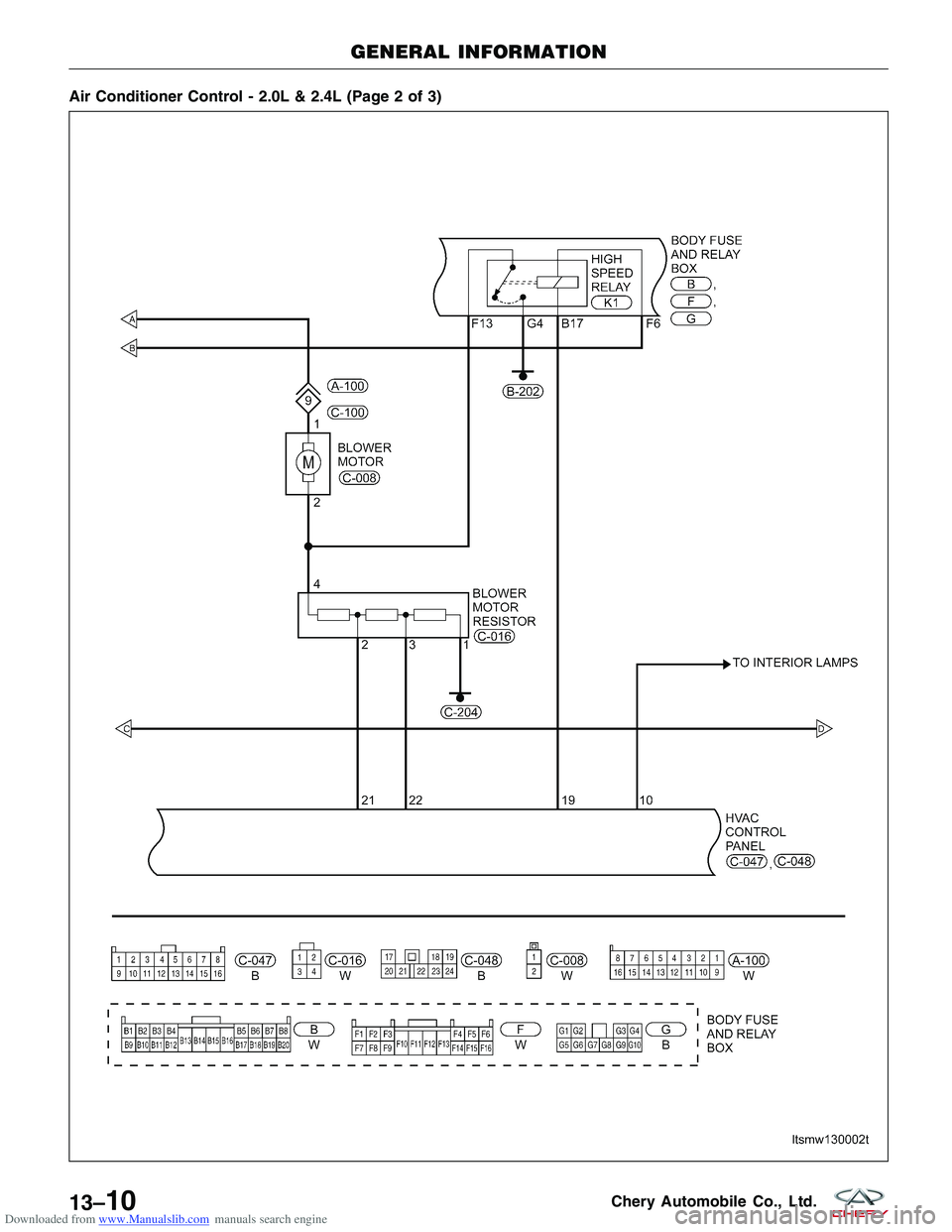 CHERY TIGGO 2009  Service Repair Manual Downloaded from www.Manualslib.com manuals search engine Air Conditioner Control - 2.0L & 2.4L (Page 2 of 3)
GENERAL INFORMATION
LTSMW130002T
13–10Chery Automobile Co., Ltd.  