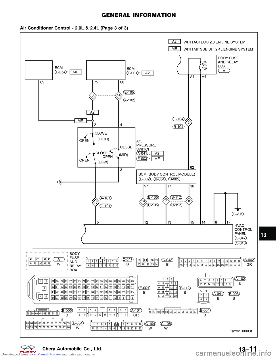 CHERY TIGGO 2009  Service Repair Manual Downloaded from www.Manualslib.com manuals search engine Air Conditioner Control - 2.0L & 2.4L (Page 3 of 3)
GENERAL INFORMATION
LTSMW130003T
13
13–11Chery Automobile Co., Ltd.  