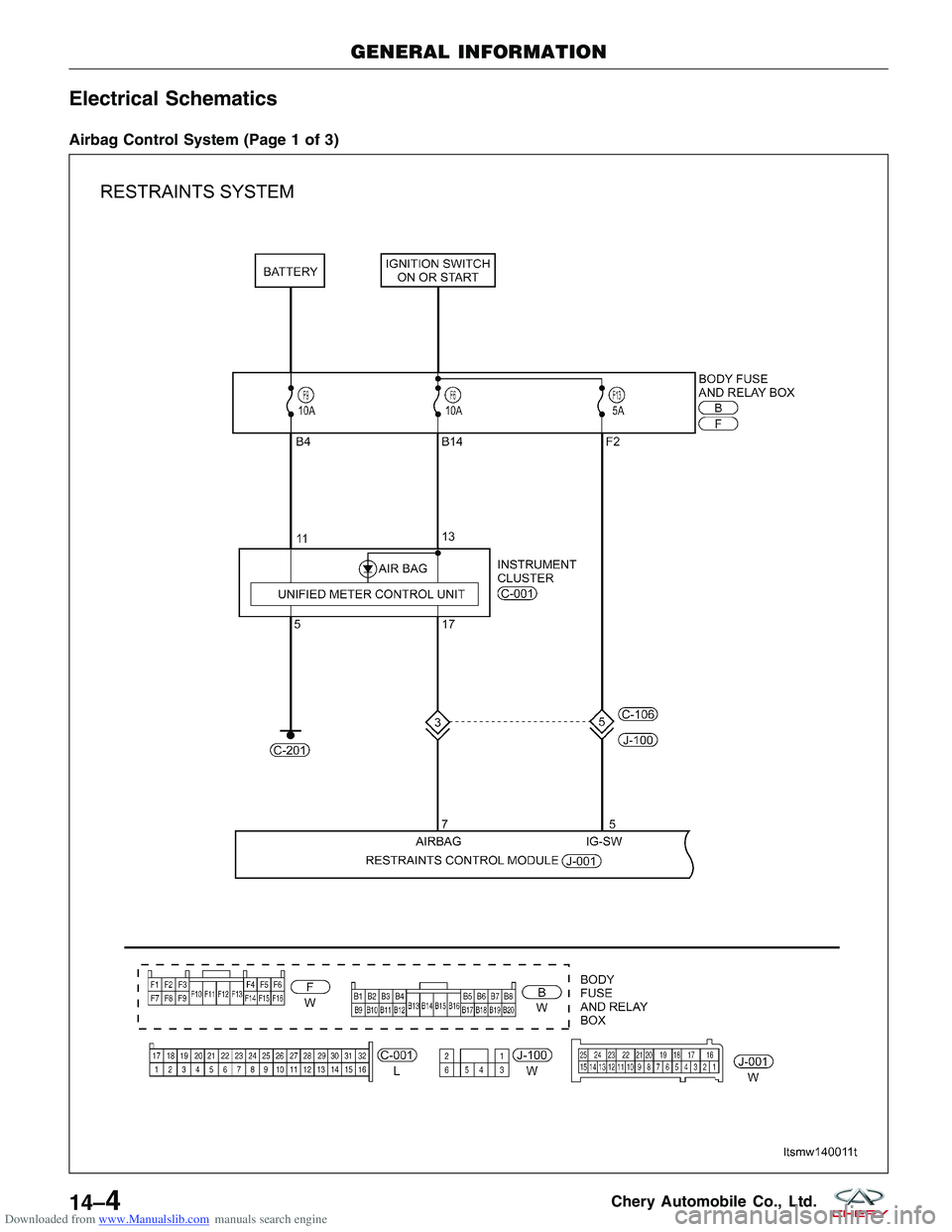 CHERY TIGGO 2009  Service Repair Manual Downloaded from www.Manualslib.com manuals search engine Electrical Schematics
Airbag Control System (Page 1 of 3)
GENERAL INFORMATION
LTSMW140011T
14–4Chery Automobile Co., Ltd.  
