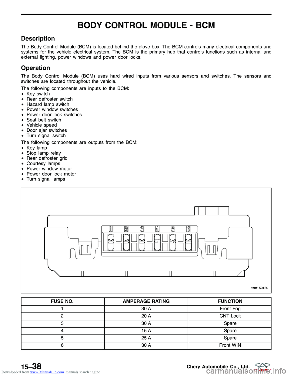 CHERY TIGGO 2009 Service Repair Manual Downloaded from www.Manualslib.com manuals search engine BODY CONTROL MODULE - BCM
Description
The Body Control Module (BCM) is located behind the glove box. The BCM controls many electrical component CHERY TIGGO 2009 Service Repair Manual Downloaded from www.Manualslib.com manuals search engine BODY CONTROL MODULE - BCM
Description
The Body Control Module (BCM) is located behind the glove box. The BCM controls many electrical component