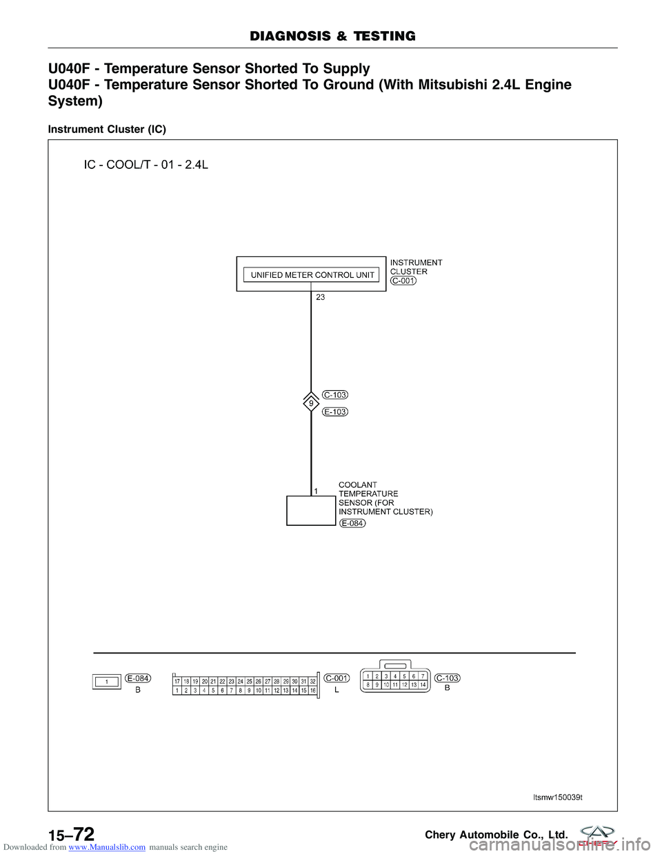 CHERY TIGGO 2009  Service Repair Manual Downloaded from www.Manualslib.com manuals search engine U040F - Temperature Sensor Shorted To Supply
U040F - Temperature Sensor Shorted To Ground (With Mitsubishi 2.4L Engine
System)
Instrument Clust