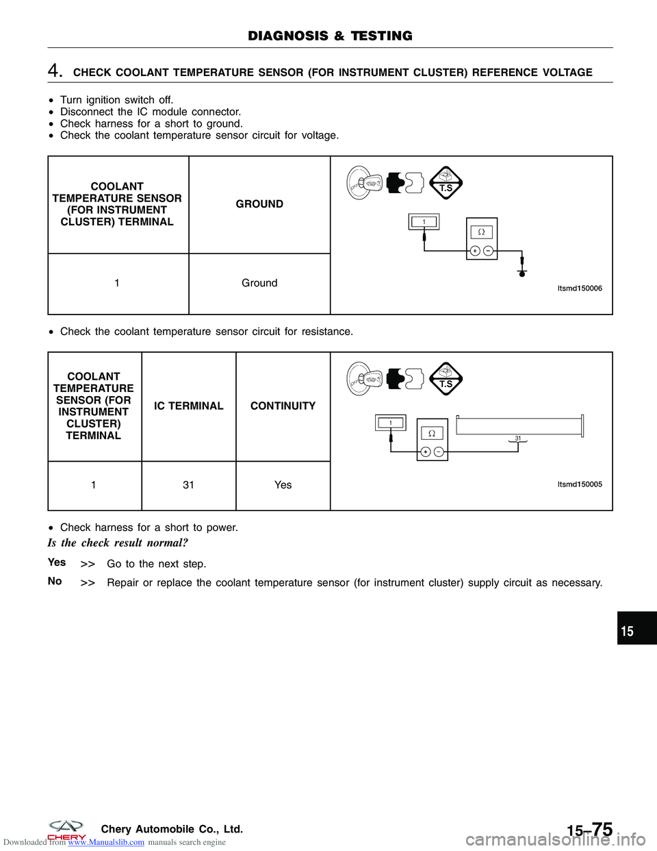 CHERY TIGGO 2009  Service Repair Manual Downloaded from www.Manualslib.com manuals search engine 4.CHECK COOLANT TEMPERATURE SENSOR (FOR INSTRUMENT CLUSTER) REFERENCE VOLTAGE
• Turn ignition switch off.
• Disconnect the IC module connec