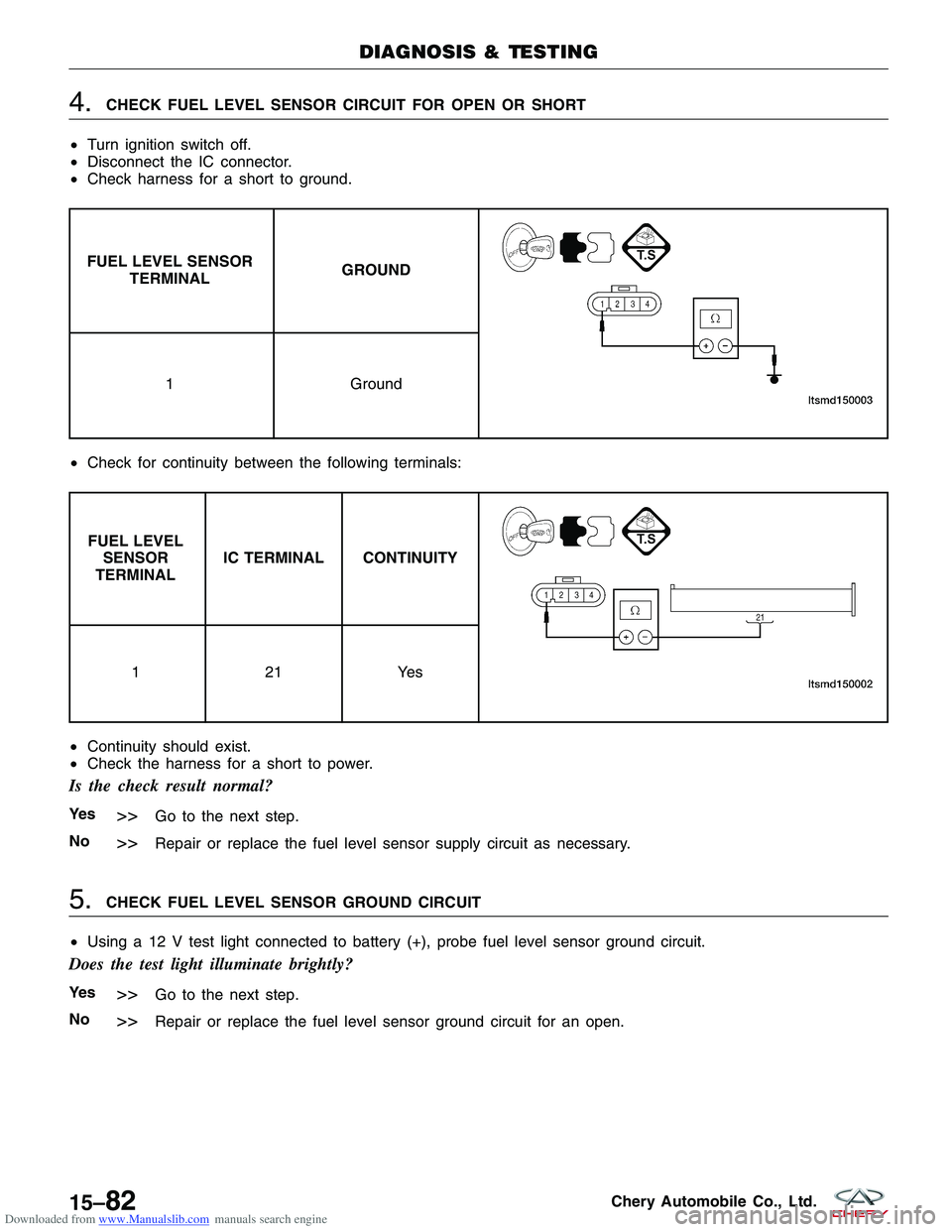 CHERY TIGGO 2009  Service Repair Manual Downloaded from www.Manualslib.com manuals search engine 4.CHECK FUEL LEVEL SENSOR CIRCUIT FOR OPEN OR SHORT
• Turn ignition switch off.
• Disconnect the IC connector.
• Check harness for a shor