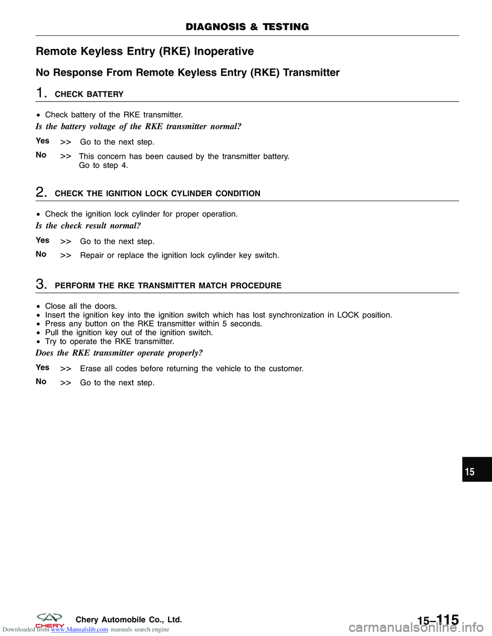 CHERY TIGGO 2009  Service Repair Manual Downloaded from www.Manualslib.com manuals search engine Remote Keyless Entry (RKE) Inoperative
No Response From Remote Keyless Entry (RKE) Transmitter
1.CHECK BATTERY
• Check battery of the RKE tra