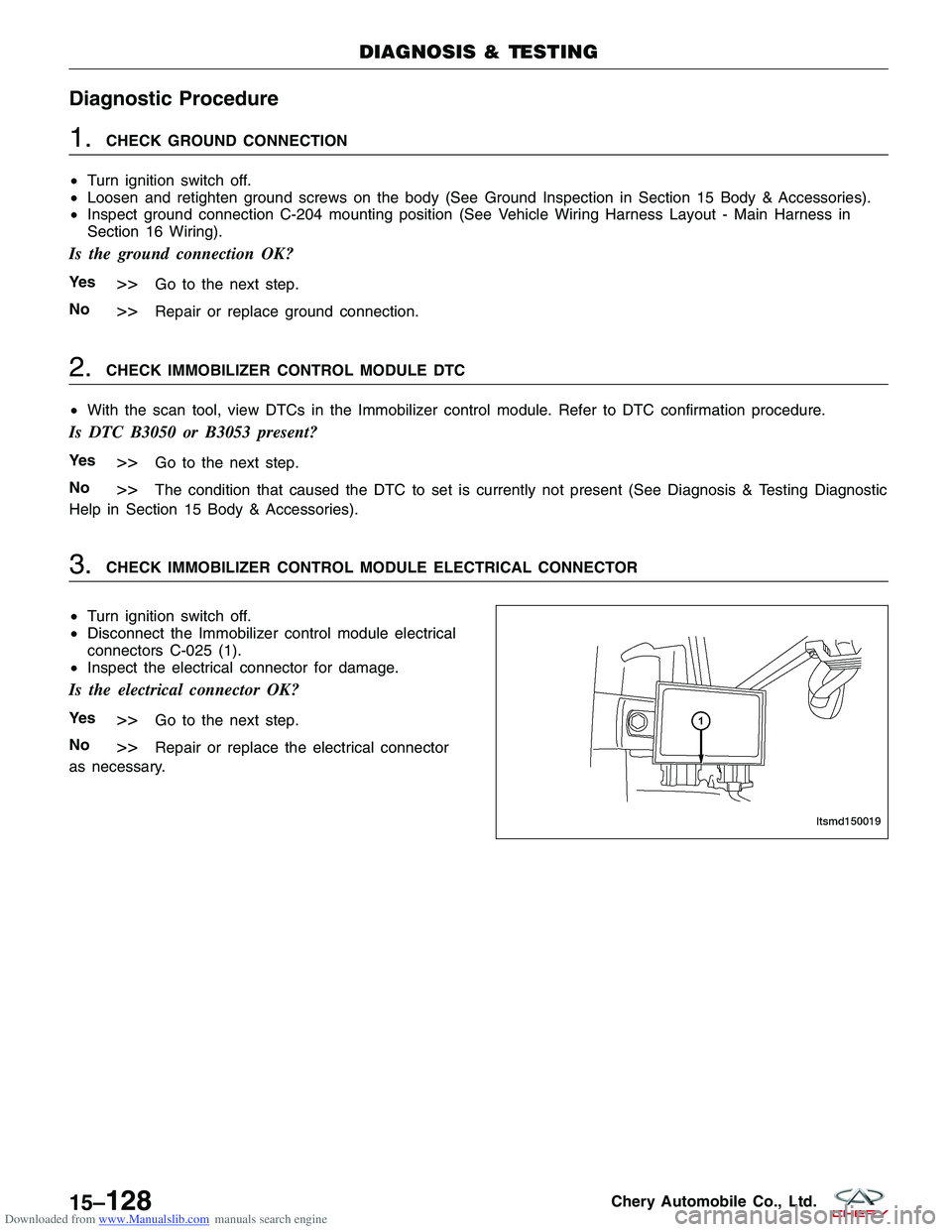 CHERY TIGGO 2009  Service Repair Manual Downloaded from www.Manualslib.com manuals search engine Diagnostic Procedure
1.CHECK GROUND CONNECTION
• Turn ignition switch off.
• Loosen and retighten ground screws on the body (See Ground Ins