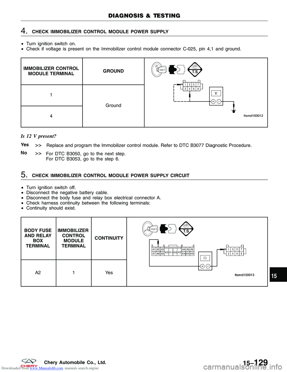 CHERY TIGGO 2009  Service Repair Manual Downloaded from www.Manualslib.com manuals search engine 4.CHECK IMMOBILIZER CONTROL MODULE POWER SUPPLY
• Turn ignition switch on.
• Check if voltage is present on the Immobilizer control module 