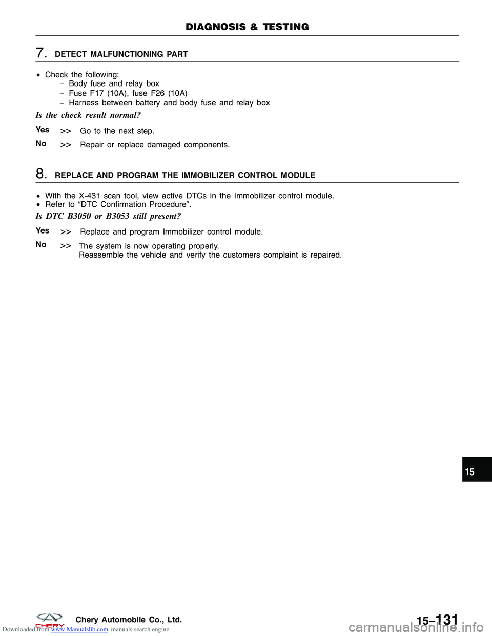 CHERY TIGGO 2009  Service Repair Manual Downloaded from www.Manualslib.com manuals search engine 7.DETECT MALFUNCTIONING PART
• Check the following:
� Body fuse and relay box
� Fuse F17 (10A), fuse F26 (10A)
� Harness between battery and 
