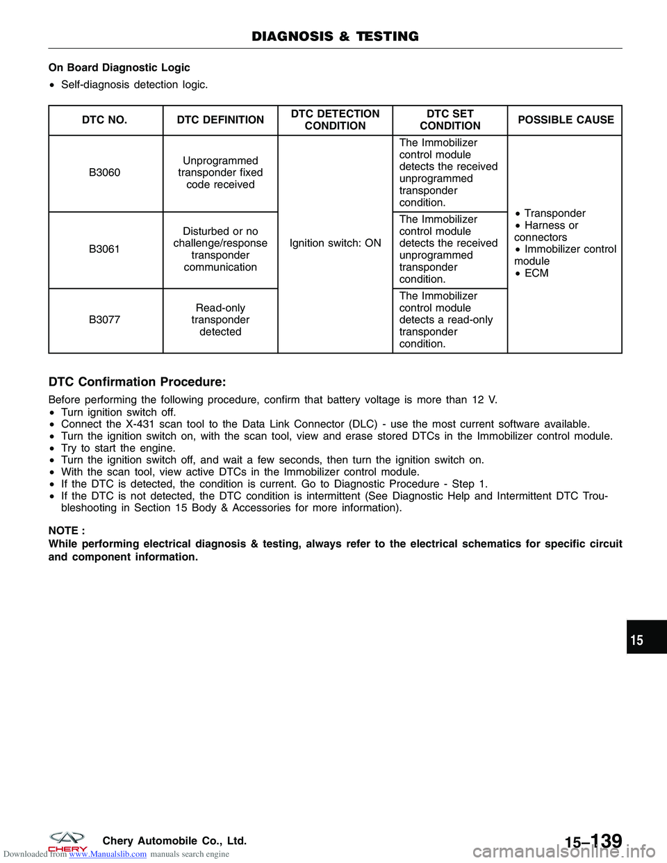 CHERY TIGGO 2009  Service Repair Manual Downloaded from www.Manualslib.com manuals search engine On Board Diagnostic Logic
•Self-diagnosis detection logic.
DTC NO. DTC DEFINITION DTC DETECTION
CONDITION DTC SET
CONDITION POSSIBLE CAUSE
B3