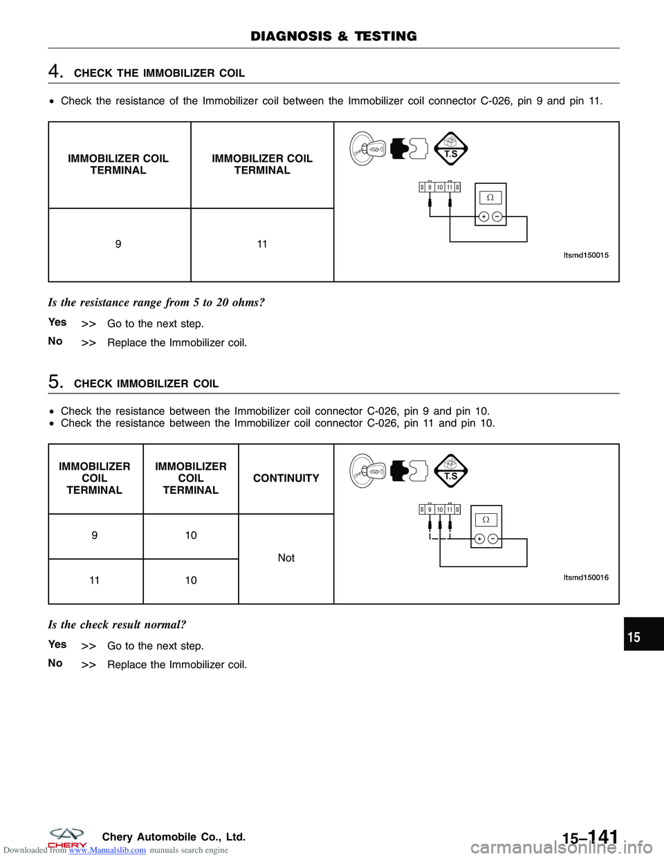 CHERY TIGGO 2009  Service Repair Manual Downloaded from www.Manualslib.com manuals search engine 4.CHECK THE IMMOBILIZER COIL
• Check the resistance of the Immobilizer coil between the Immobilizer coil connector C-026, pin 9 and pin 11.
I