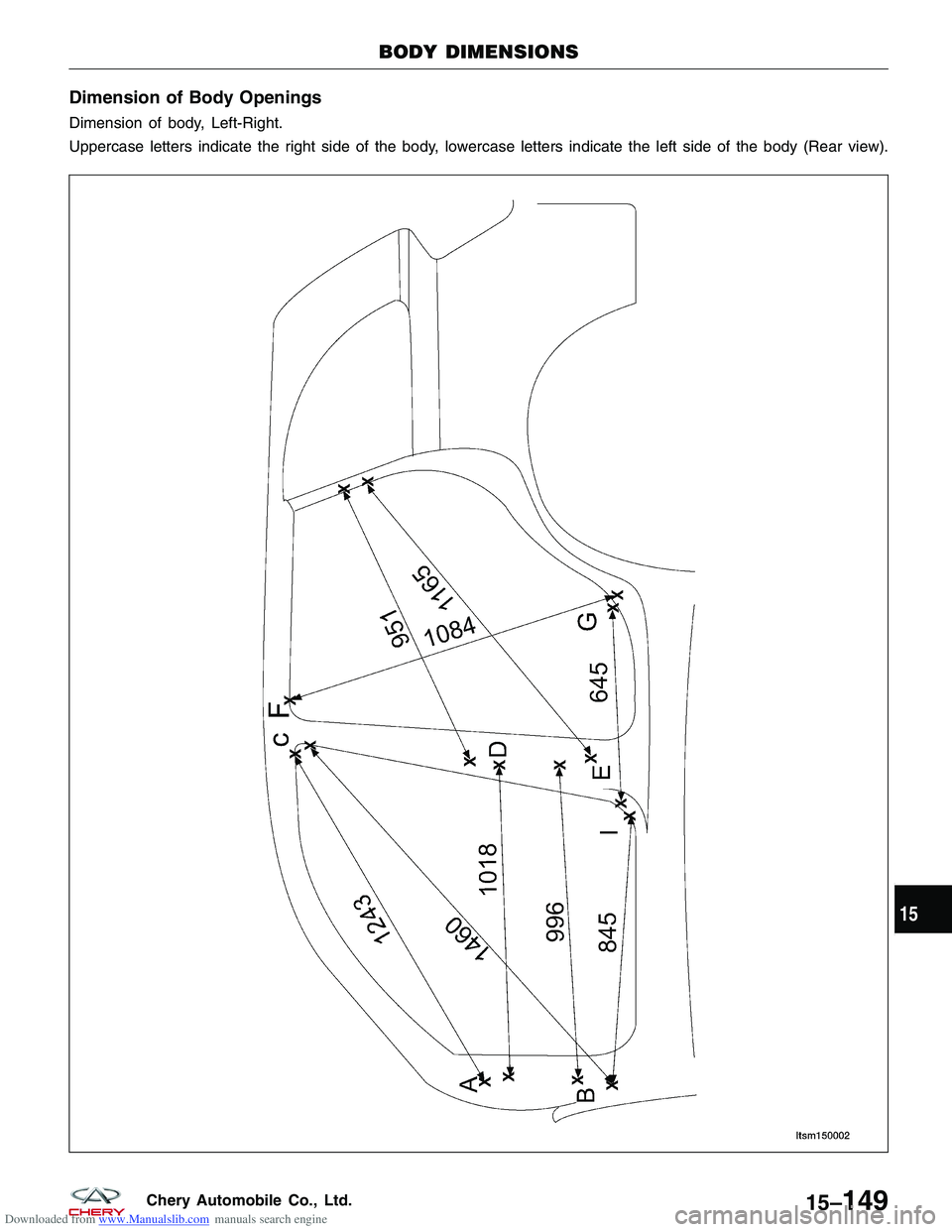CHERY TIGGO 2009  Service Repair Manual Downloaded from www.Manualslib.com manuals search engine Dimension of Body Openings
Dimension of body, Left-Right.
Uppercase letters indicate the right side of the body, lowercase letters indicate the