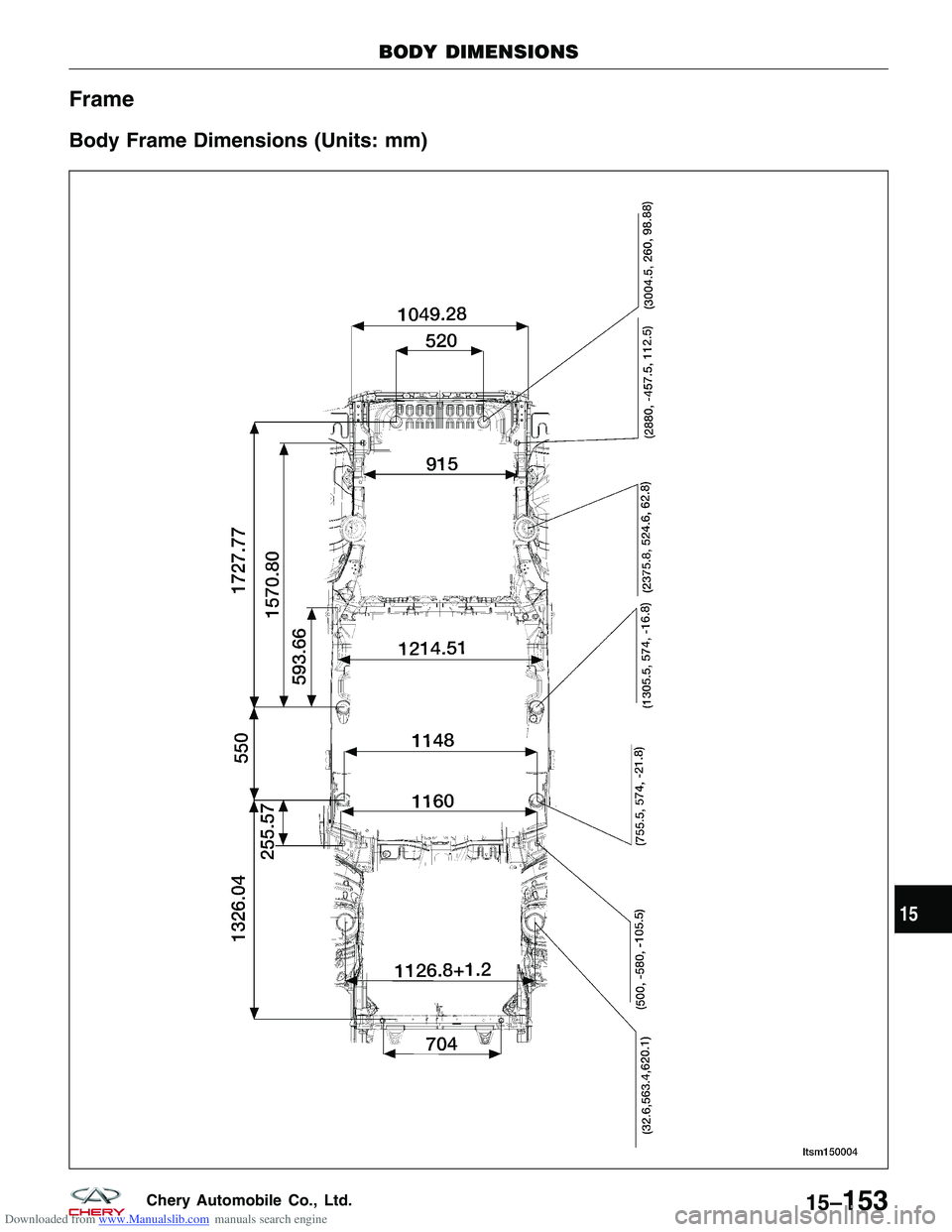 CHERY TIGGO 2009  Service Repair Manual Downloaded from www.Manualslib.com manuals search engine Frame
Body Frame Dimensions (Units: mm)
BODY DIMENSIONS
LTSM150004
15
15–153Chery Automobile Co., Ltd.  