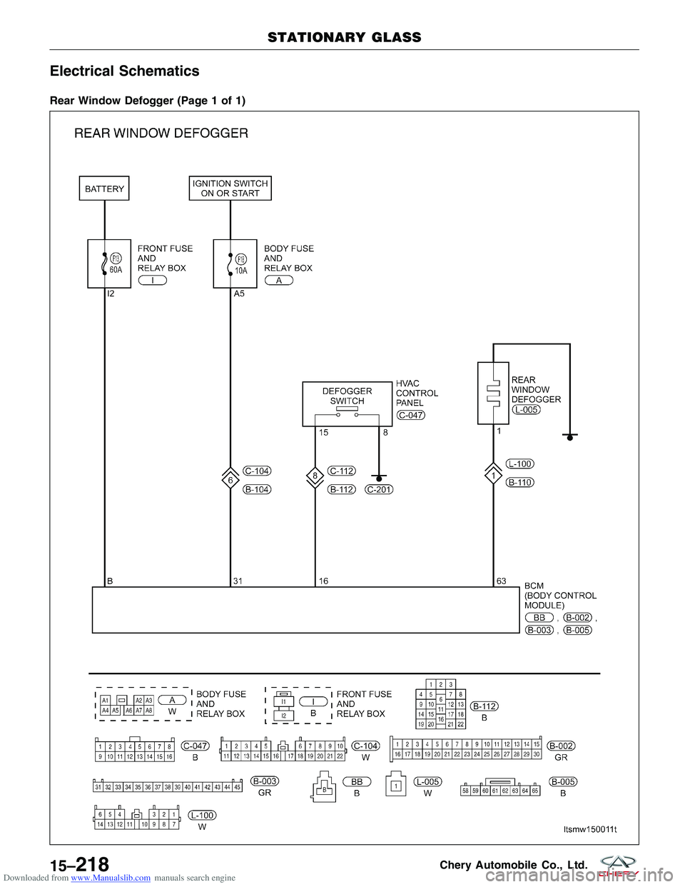CHERY TIGGO 2009  Service Repair Manual Downloaded from www.Manualslib.com manuals search engine Electrical Schematics
Rear Window Defogger (Page 1 of 1)
STATIONARY GLASS
LTSMW150011T
15–218Chery Automobile Co., Ltd.  