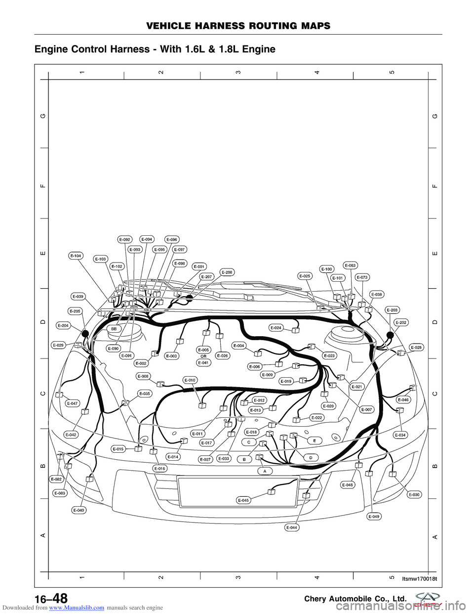 CHERY TIGGO 2009  Service Repair Manual Downloaded from www.Manualslib.com manuals search engine Engine Control Harness - With 1.6L & 1.8L Engine
VEHICLE HARNESS ROUTING MAPS
LTSMW170018T
16–48Chery Automobile Co., Ltd.  