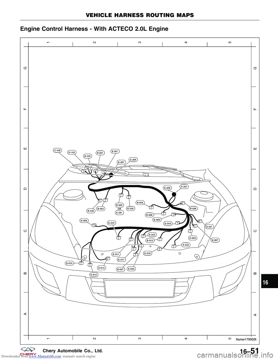 CHERY TIGGO 2009  Service Repair Manual Downloaded from www.Manualslib.com manuals search engine Engine Control Harness - With ACTECO 2.0L Engine
VEHICLE HARNESS ROUTING MAPS
LTSMW170002T
16
16–51Chery Automobile Co., Ltd.  