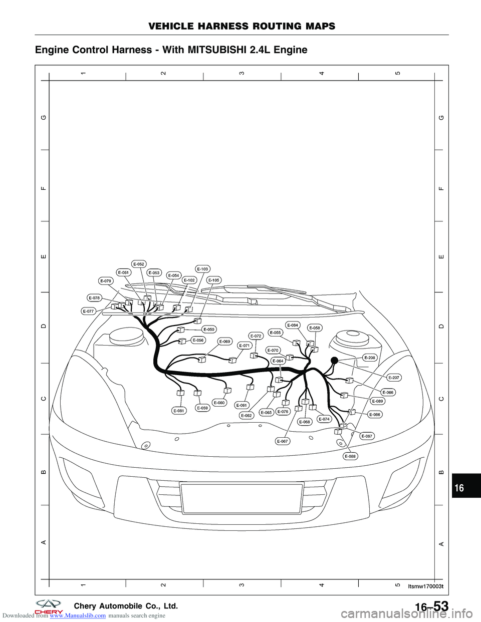 CHERY TIGGO 2009  Service Repair Manual Downloaded from www.Manualslib.com manuals search engine Engine Control Harness - With MITSUBISHI 2.4L Engine
VEHICLE HARNESS ROUTING MAPS
LTSMW170003T
16
16–53Chery Automobile Co., Ltd.  