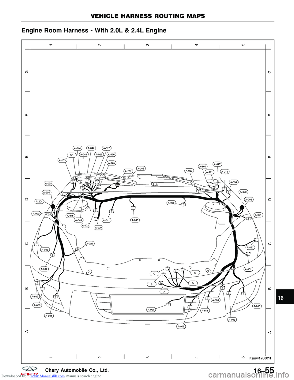 CHERY TIGGO 2009  Service Repair Manual Downloaded from www.Manualslib.com manuals search engine Engine Room Harness - With 2.0L & 2.4L Engine
VEHICLE HARNESS ROUTING MAPS
LTSMW170001T
16
16–55Chery Automobile Co., Ltd.  