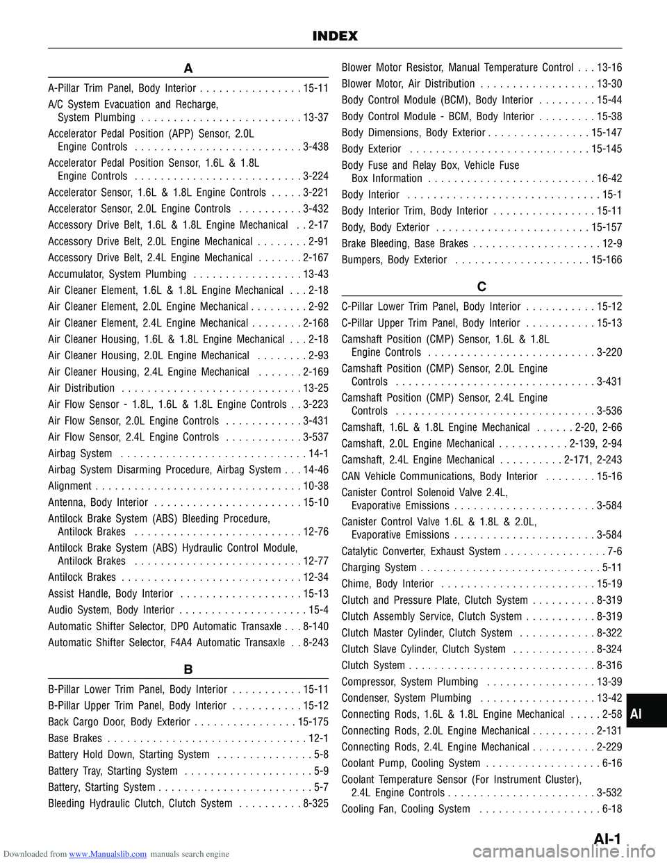 CHERY TIGGO 2009  Service Repair Manual Downloaded from www.Manualslib.com manuals search engine A
A-Pillar Trim Panel, Body Interior................15-11
A/C System Evacuation and Recharge, System Plumbing ......................... 13-37
A