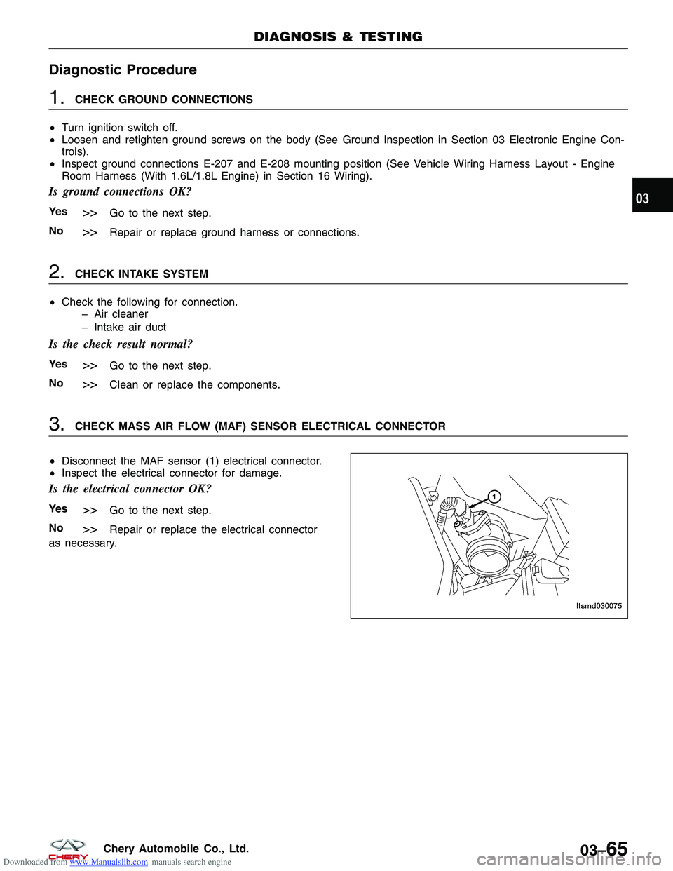 CHERY TIGGO 2009  Service Repair Manual Downloaded from www.Manualslib.com manuals search engine Diagnostic Procedure
1.CHECK GROUND CONNECTIONS
• Turn ignition switch off.
• Loosen and retighten ground screws on the body (See Ground In