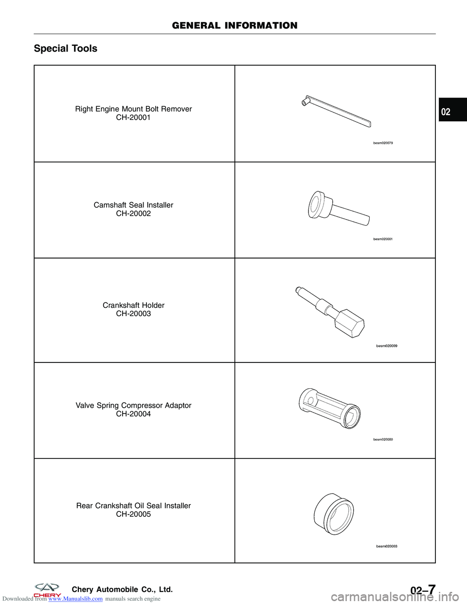 CHERY TIGGO 2009  Service Repair Manual Downloaded from www.Manualslib.com manuals search engine Special Tools
Right Engine Mount Bolt RemoverCH-20001
Camshaft Seal InstallerCH-20002
Crankshaft HolderCH-20003
Valve Spring Compressor Adaptor