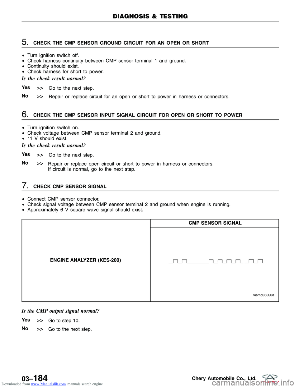 CHERY TIGGO 2009 Service Repair Manual Downloaded from www.Manualslib.com manuals search engine 5.CHECK THE CMP SENSOR GROUND CIRCUIT FOR AN OPEN OR SHORT
• Turn ignition switch off.
• Check harness continuity between CMP sensor termin CHERY TIGGO 2009 Service Repair Manual Downloaded from www.Manualslib.com manuals search engine 5.CHECK THE CMP SENSOR GROUND CIRCUIT FOR AN OPEN OR SHORT
• Turn ignition switch off.
• Check harness continuity between CMP sensor termin