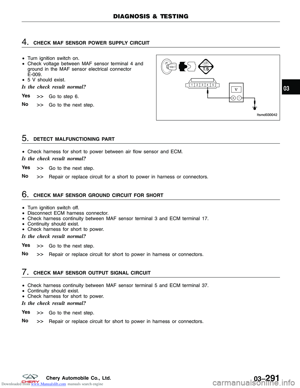 CHERY TIGGO 2009  Service Repair Manual Downloaded from www.Manualslib.com manuals search engine 4.CHECK MAF SENSOR POWER SUPPLY CIRCUIT
• Turn ignition switch on.
• Check voltage between MAF sensor terminal 4 and
ground in the MAF sens