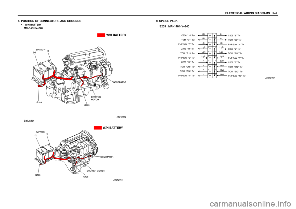 DAEWOO LACETTI 2004  Service Repair Manual ELECTRICAL WIRING DIAGRAMSW5–9
c. POSITION OF CONNECTORS AND GROUNDS
S W/H BATTERY
MR–140/HV–240
Sirius D4
d. SPLICE PACK
S205 : MR–140/HV–240
1
2
3
4
5
6
7
8
9
10
11
12
13
14
15
16
17
18
19