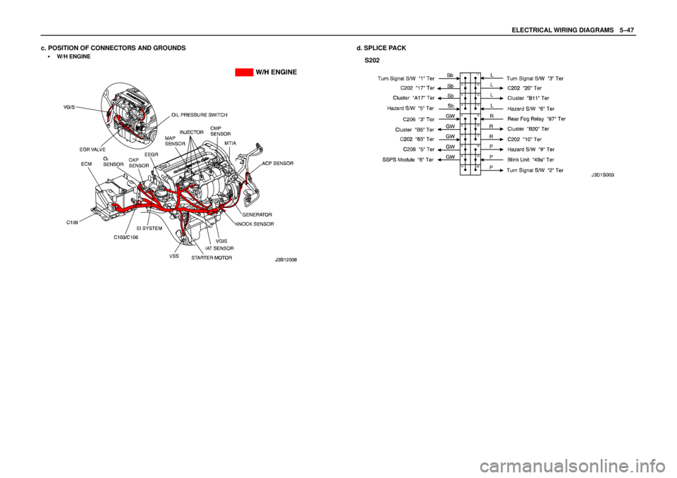 DAEWOO LACETTI 2004  Service Repair Manual ELECTRICAL WIRING DIAGRAMSW5–47
c. POSITION OF CONNECTORS AND GROUNDS
S W/H ENGINE
d. SPLICE PACK
S202 