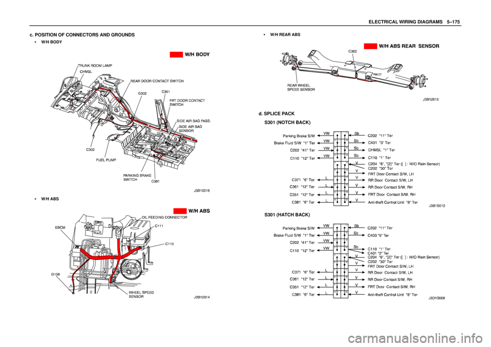 DAEWOO LACETTI 2004  Service Repair Manual ELECTRICAL WIRING DIAGRAMSW5–175
c. POSITION OF CONNECTORS AND GROUNDS
S W/H BODY
S W/H ABS
S  W/H REAR ABS
d. SPLICE PACK
S301 (NOTCH BACK)
S301 (HATCH BACK) 