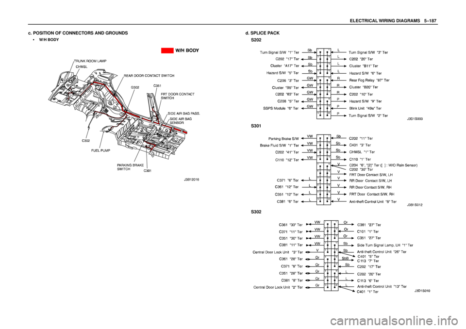 DAEWOO LACETTI 2004  Service Repair Manual ELECTRICAL WIRING DIAGRAMSW5–187
c. POSITION OF CONNECTORS AND GROUNDS
S W/H BODY
d. SPLICE PACK
S202
S301
S302 