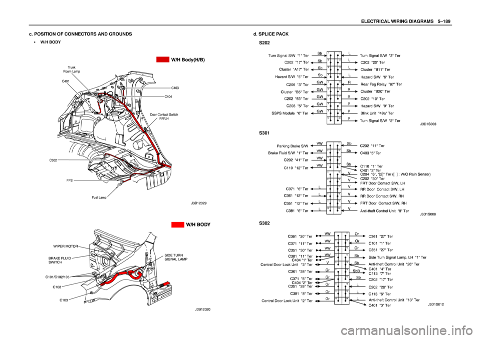 DAEWOO LACETTI 2004  Service Repair Manual ELECTRICAL WIRING DIAGRAMSW5–189
c. POSITION OF CONNECTORS AND GROUNDS
S W/H BODY
d. SPLICE PACK
S202
S301
S302 