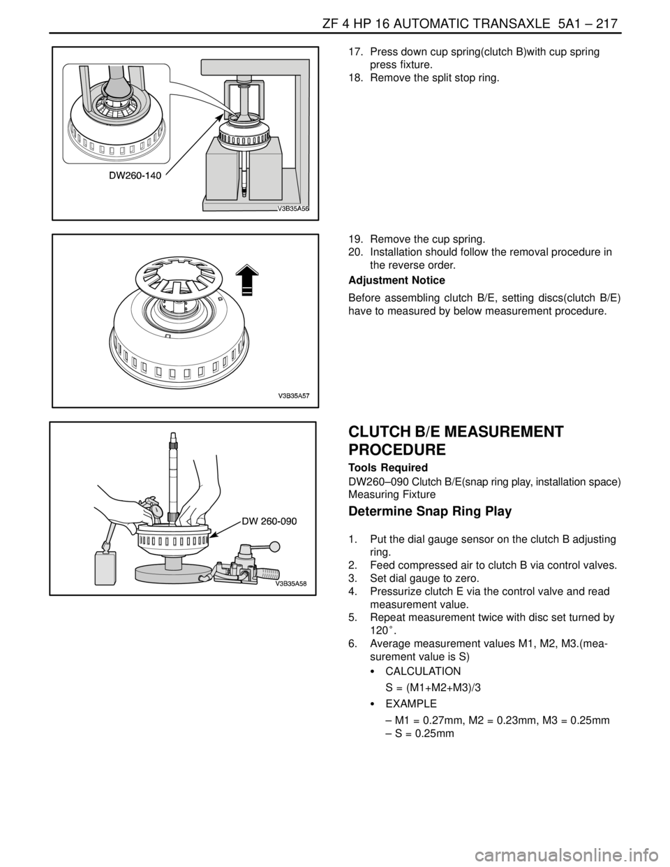 DAEWOO LACETTI 2004  Service Repair Manual ZF 4 HP 16 AUTOMATIC TRANSAXLE  5A1 – 217
DAEWOO V–121 BL4
17.  Press down cup spring(clutch B)with cup spring
press fixture.
18.  Remove the split stop ring.
19.  Remove the cup spring.
20.  Inst