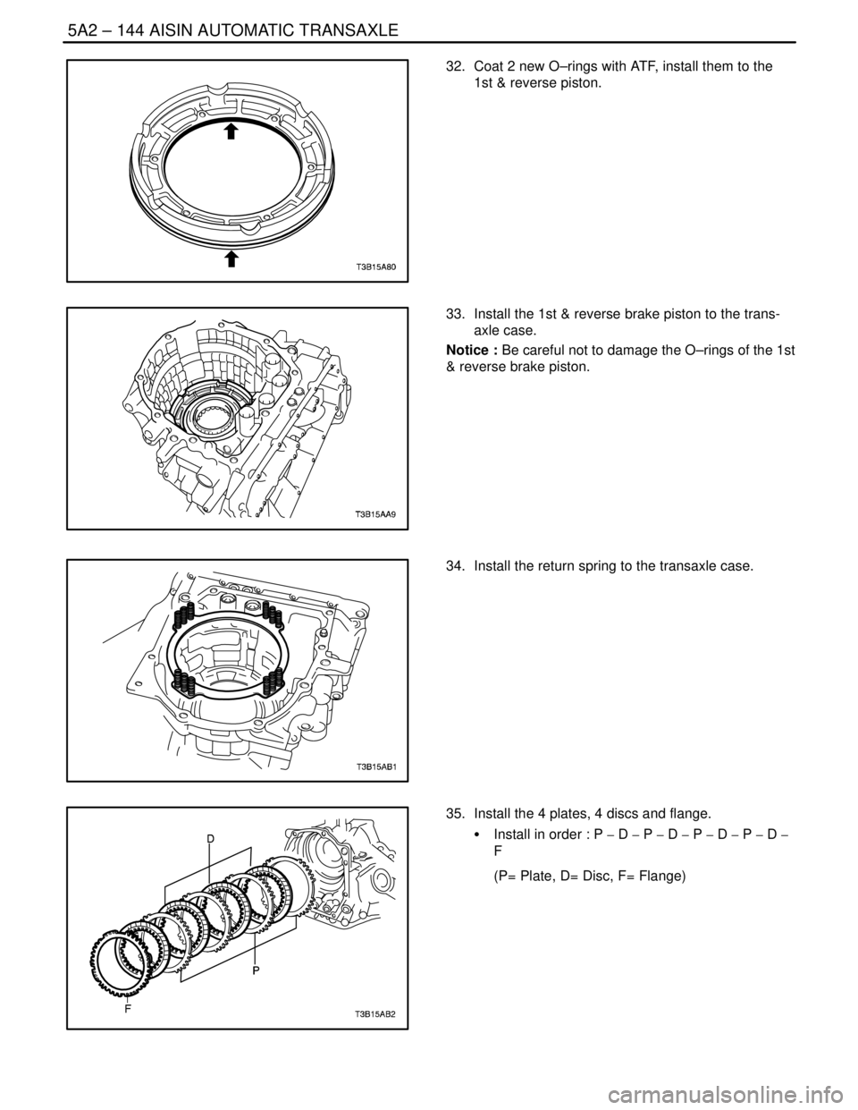 DAEWOO LACETTI 2004  Service Repair Manual 5A2 – 144IAISIN AUTOMATIC TRANSAXLE
DAEWOO V–121 BL4
32.  Coat 2 new O–rings with ATF, install them to the
1st & reverse piston.
33.  Install the 1st & reverse brake piston to the trans-
axle ca