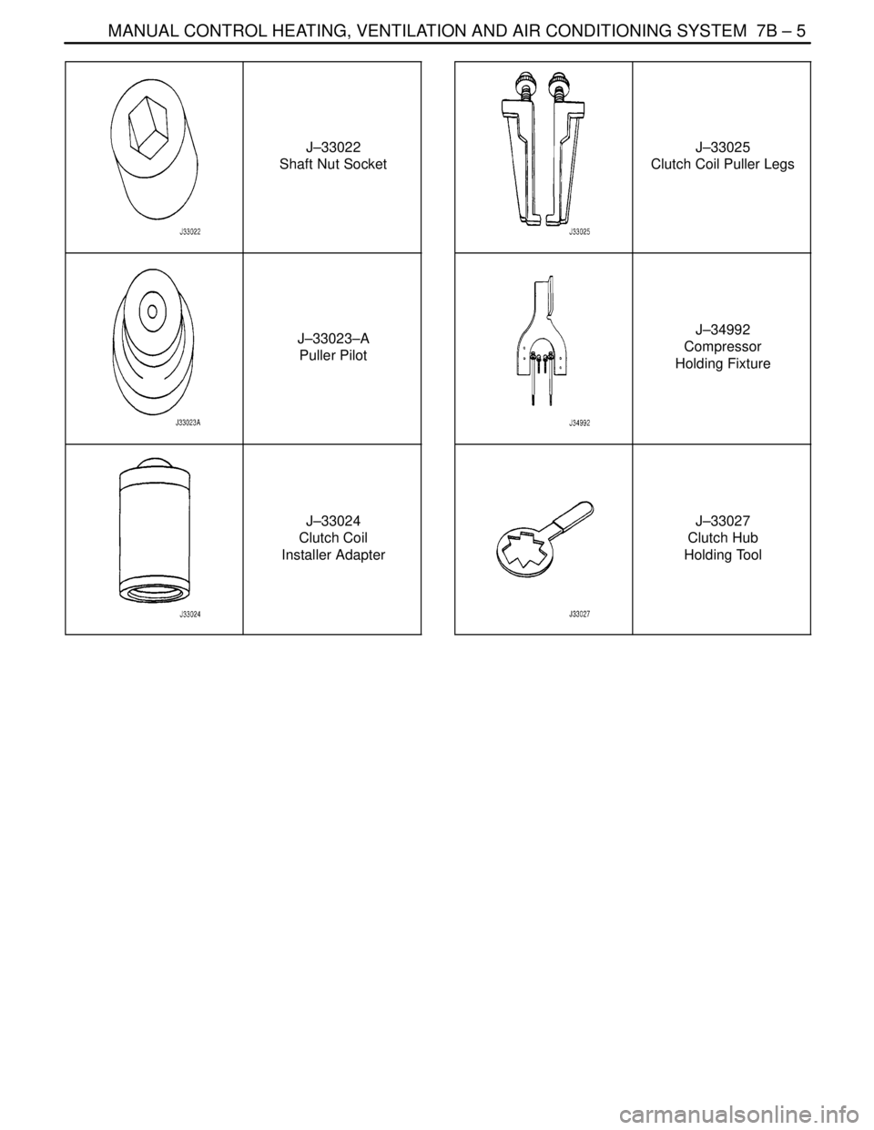 DAEWOO LACETTI 2004  Service Repair Manual MANUAL CONTROL HEATING, VENTILATION AND AIR CONDITIONING SYSTEM  7B – 5
DAEWOO V–121 BL4
J–33022
Shaft Nut Socket
J–33023–A
Puller Pilot
J–33024
Clutch Coil
Installer Adapter
J–33025
Clu