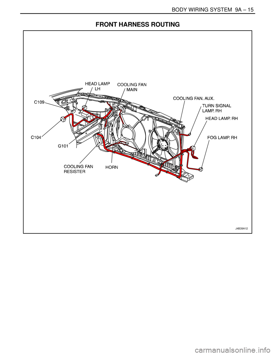 DAEWOO LACETTI 2004  Service Repair Manual BODY WIRING SYSTEM  9A – 15
DAEWOO V–121 BL4
FRONT HARNESS ROUTING
J4B39A12 