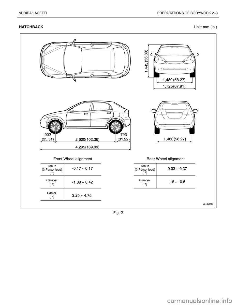 DAEWOO LACETTI 2004  Service Repair Manual NUBIRA/LACETTI PREPARATIONS OF BODYWORK 2–3
HATCHBACKUnit: mm (in.)
Fig. 2 
