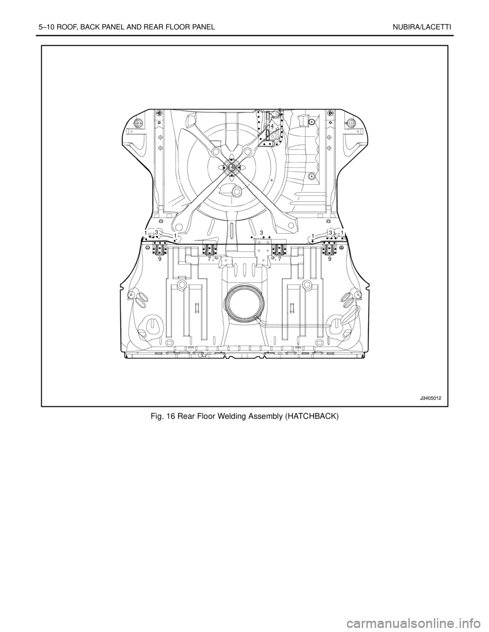 DAEWOO LACETTI 2004  Service Repair Manual 5–10 ROOF, BACK PANEL AND REAR FLOOR PANEL NUBIRA/LACETTI
4
13
1
97 7 911 3 314
Fig. 16 Rear Floor Welding Assembly (HATCHBACK) 