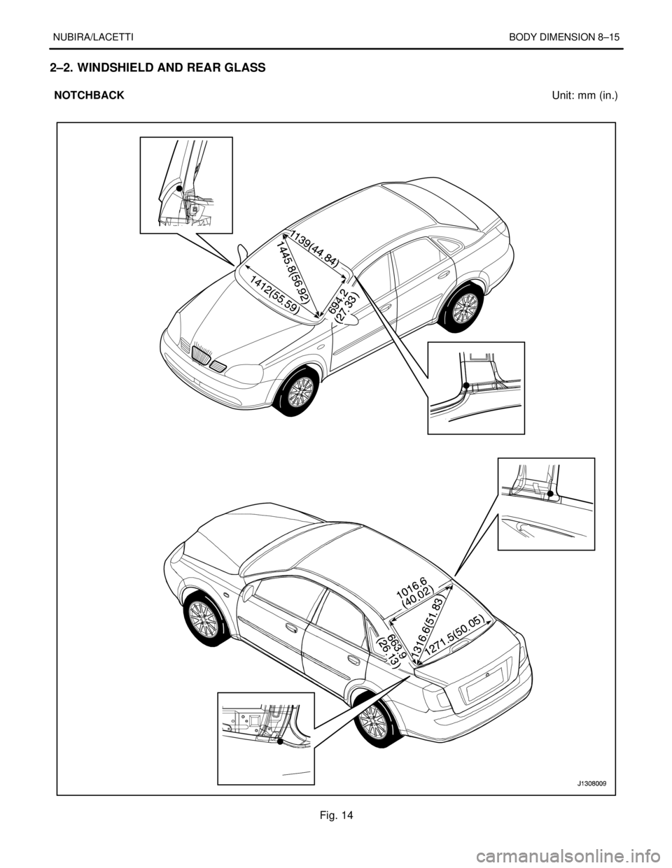 DAEWOO LACETTI 2004  Service Repair Manual NUBIRA/LACETTIBODY DIMENSION 8–15
2–2. WINDSHIELD AND REAR GLASS
NOTCHBACKUnit: mm (in.)
Fig. 14 
